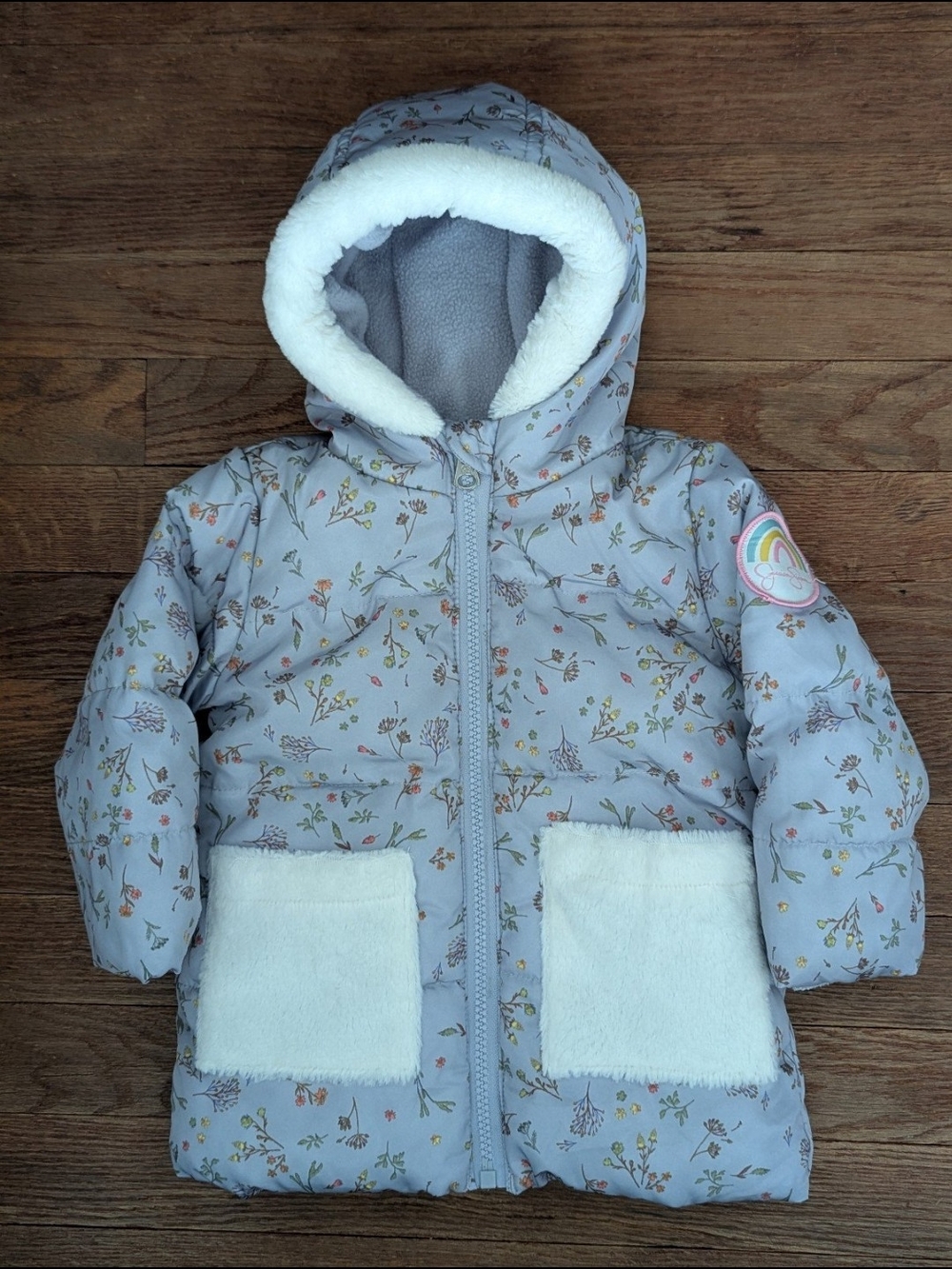 Jessica Simpson Light Blue Floral Hooded Puffer Coat with Faux-Fur Trim